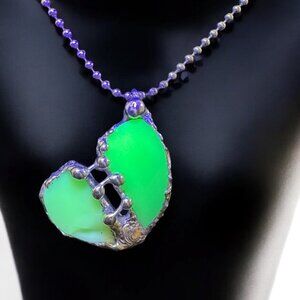 Vaseline Glass “Mended” Heart Pendant Bezel Artisan Crafted Glowing Glass
